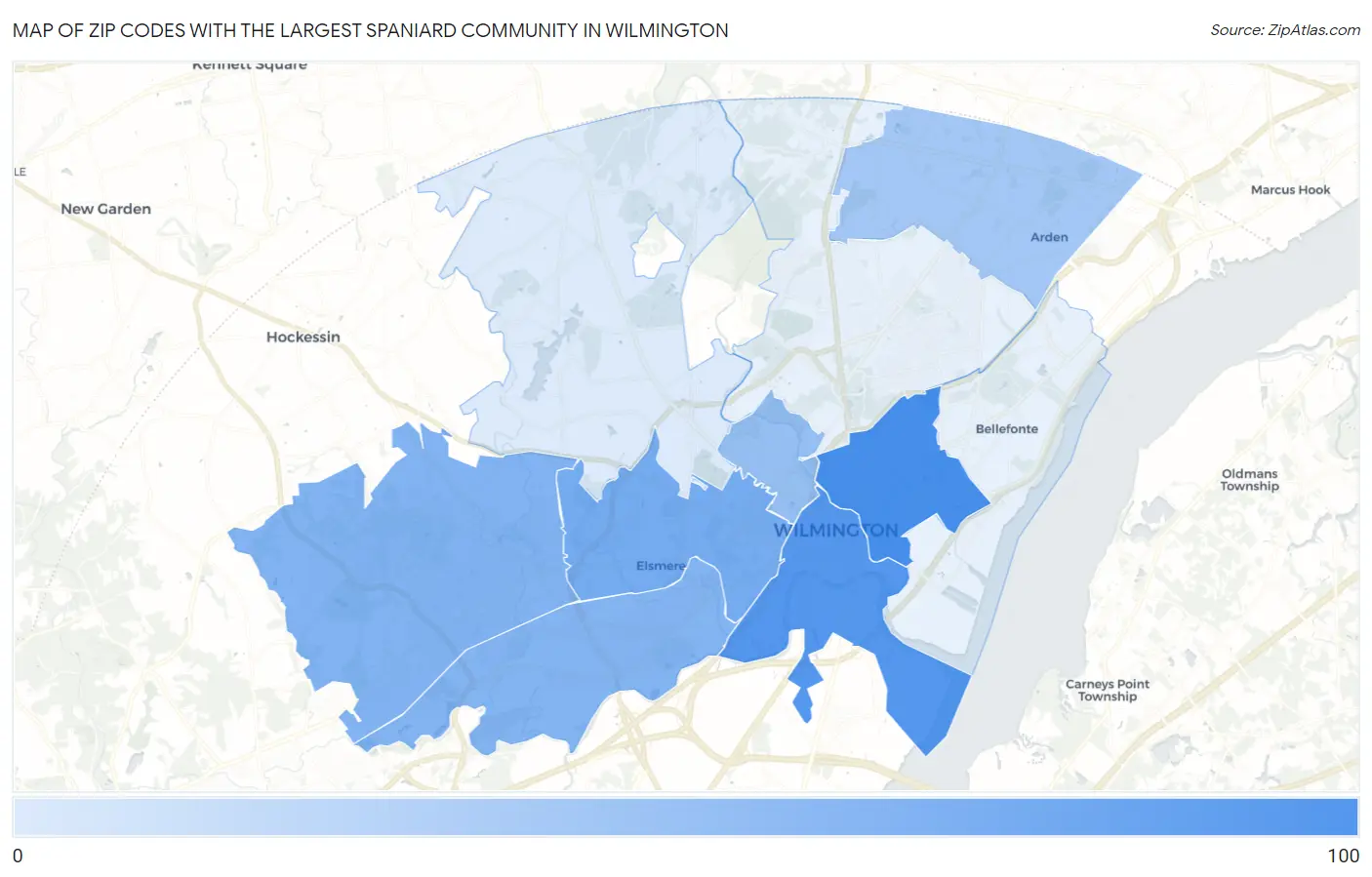 Zip Codes with the Largest Spaniard Community in Wilmington Map