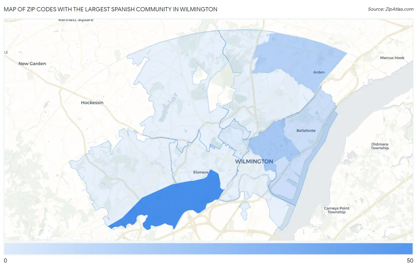 Zip Codes with the Largest Spanish Community in Wilmington Map
