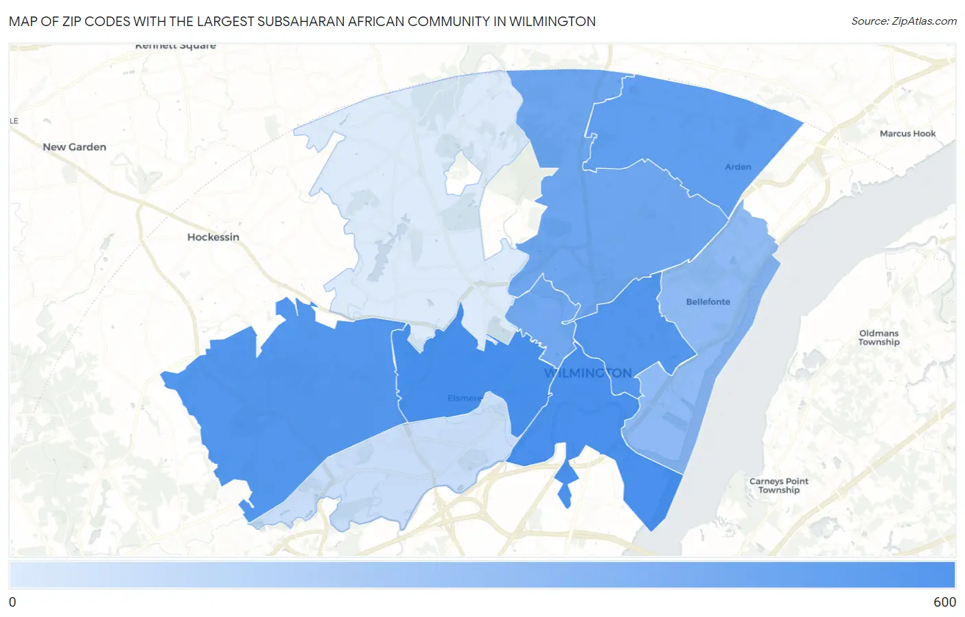 Zip Codes with the Largest Subsaharan African Community in Wilmington Map