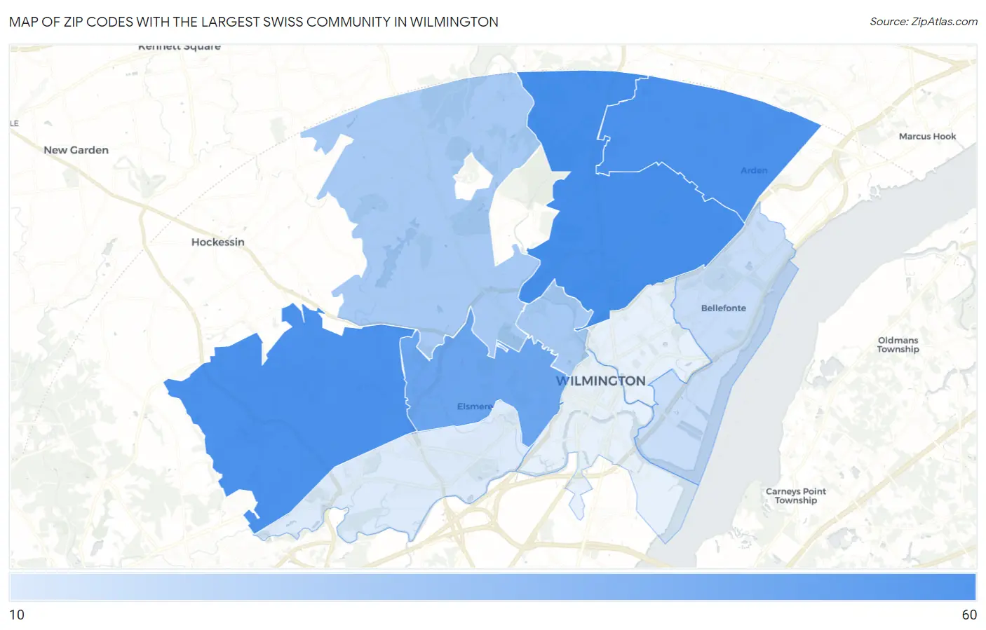 Zip Codes with the Largest Swiss Community in Wilmington Map