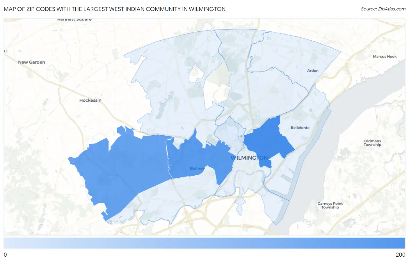 Zip Codes with the Largest West Indian Community in Wilmington Map