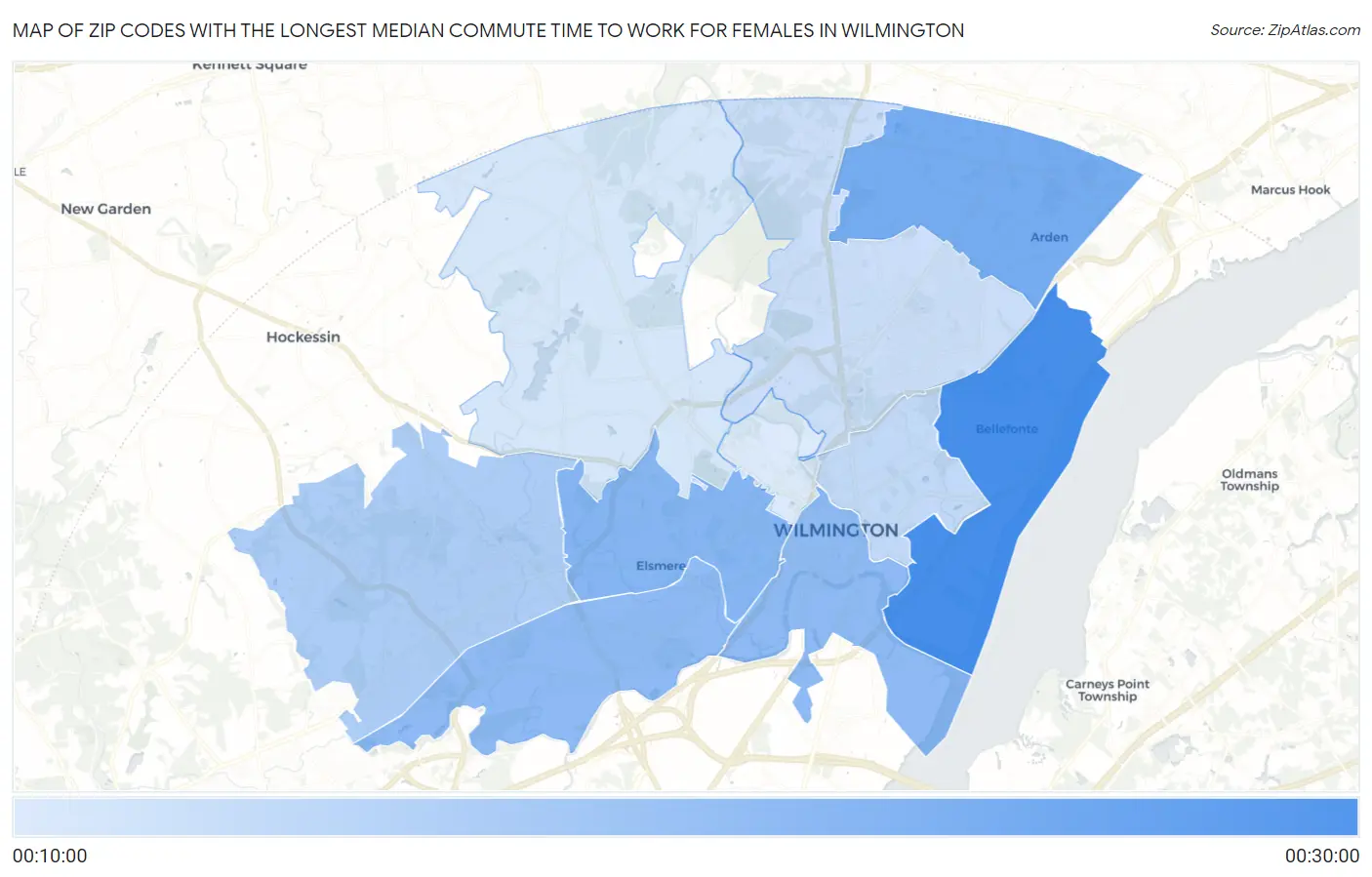 Zip Codes with the Longest Median Commute Time to Work for Females in Wilmington Map