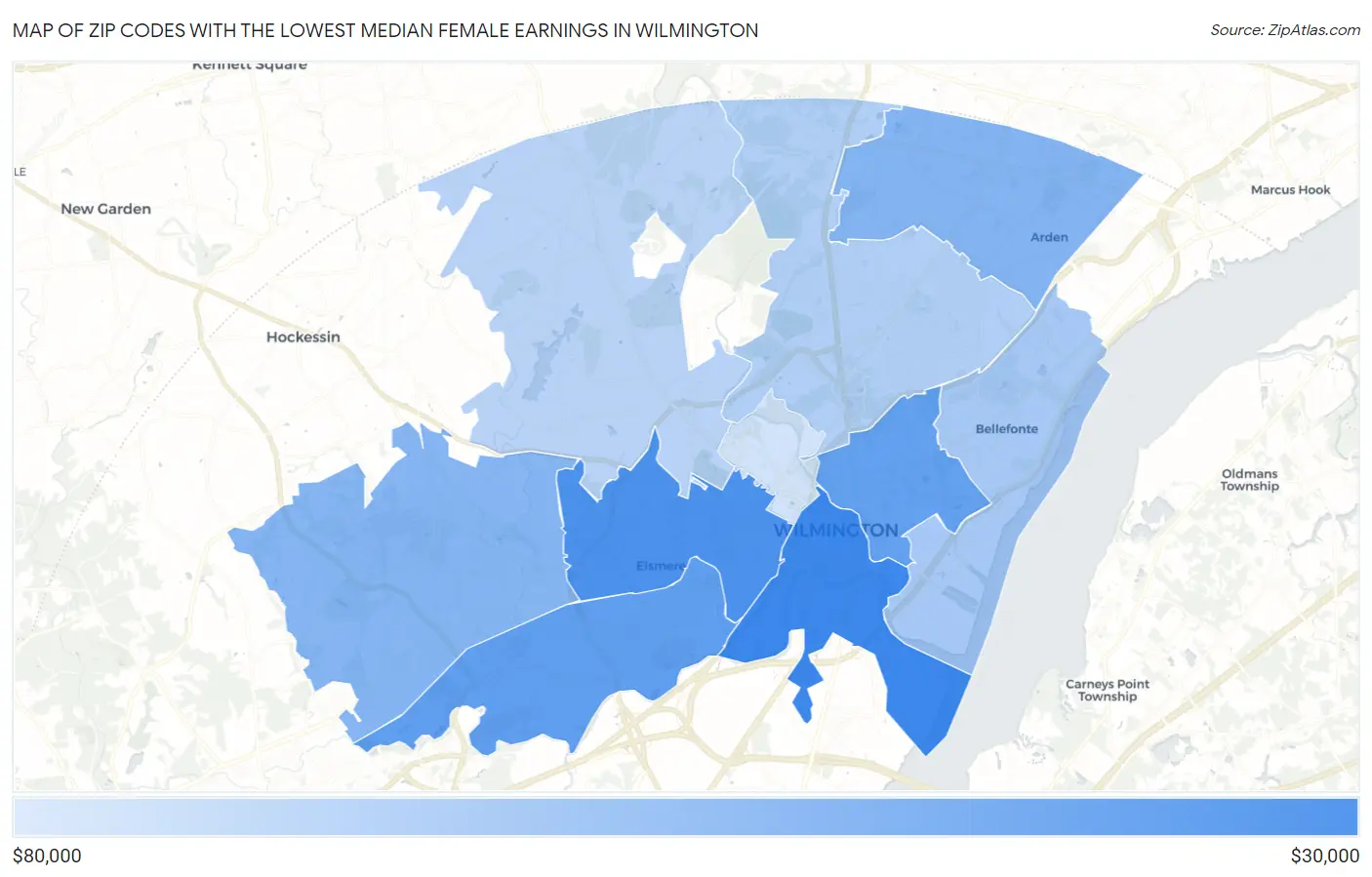 Zip Codes with the Lowest Median Female Earnings in Wilmington Map
