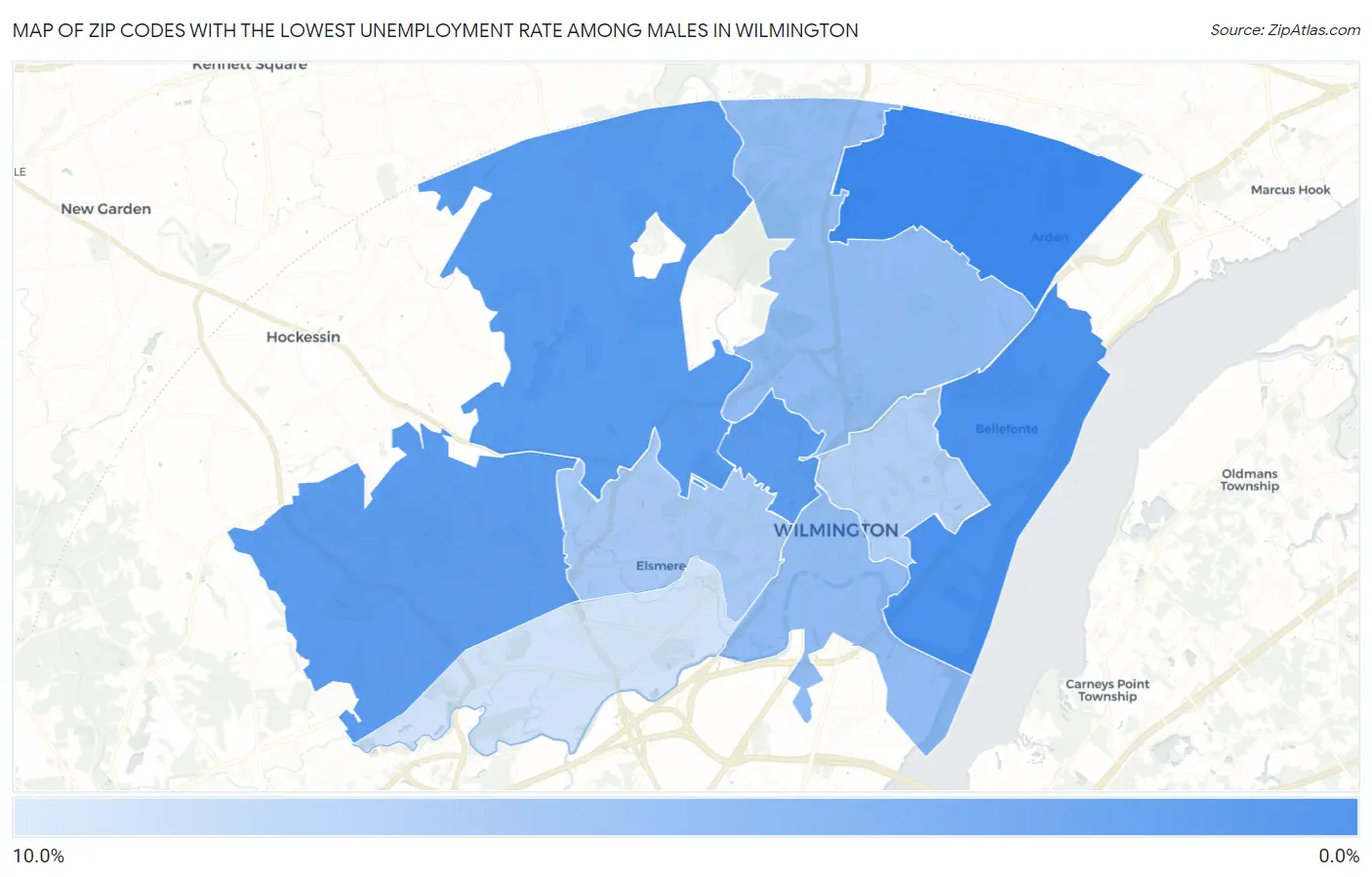 Zip Codes with the Lowest Unemployment Rate Among Males in Wilmington Map