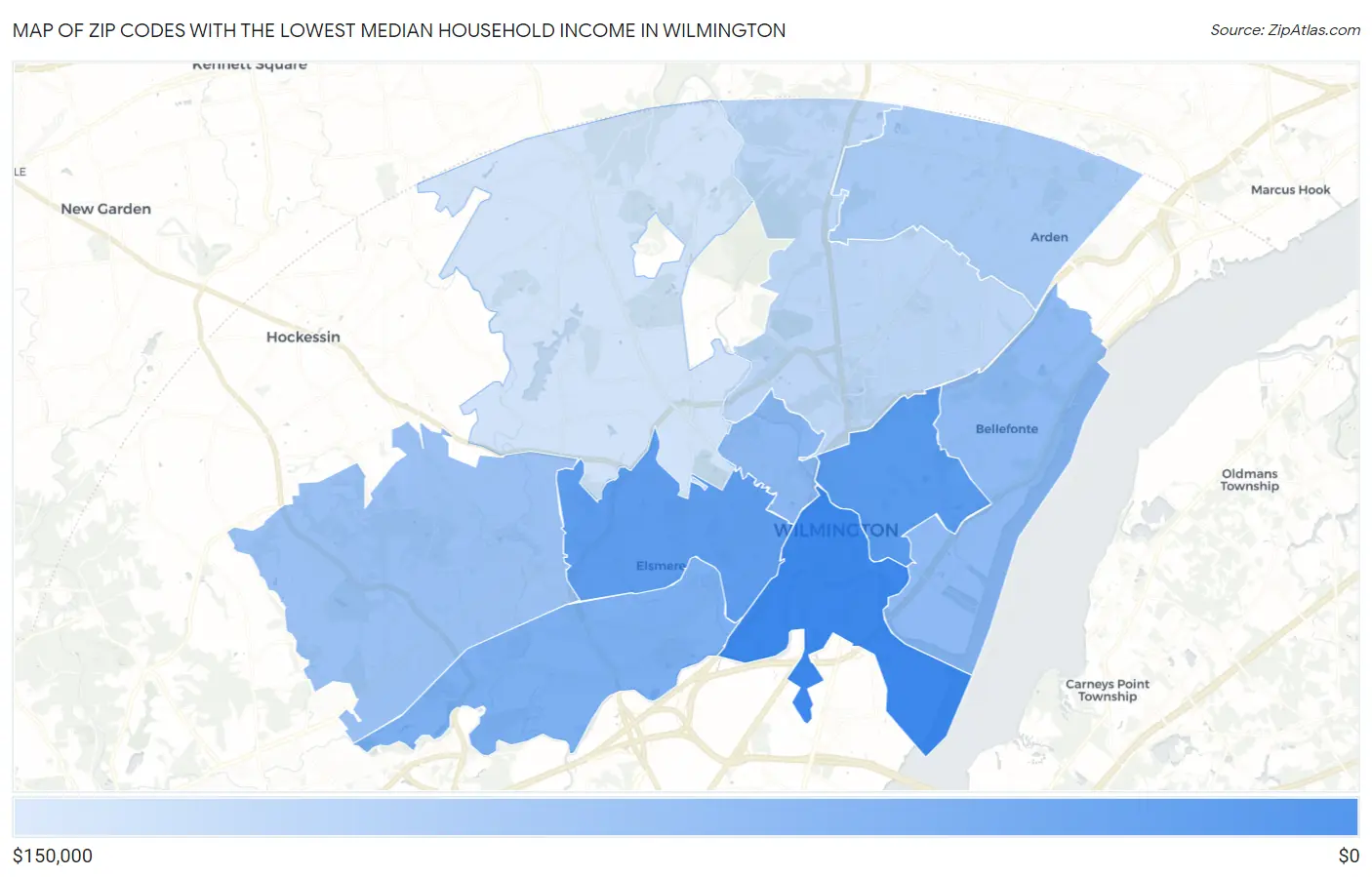 Zip Codes with the Lowest Median Household Income in Wilmington Map