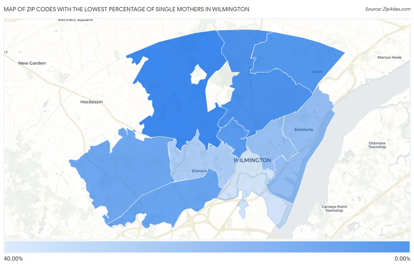 Zip Codes with the Lowest Percentage of Single Mothers in Wilmington Map