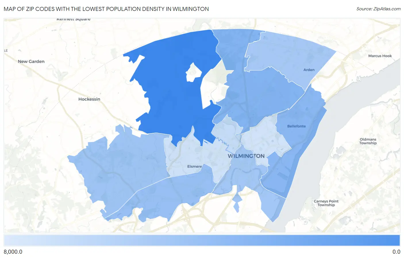 Zip Codes with the Lowest Population Density in Wilmington Map