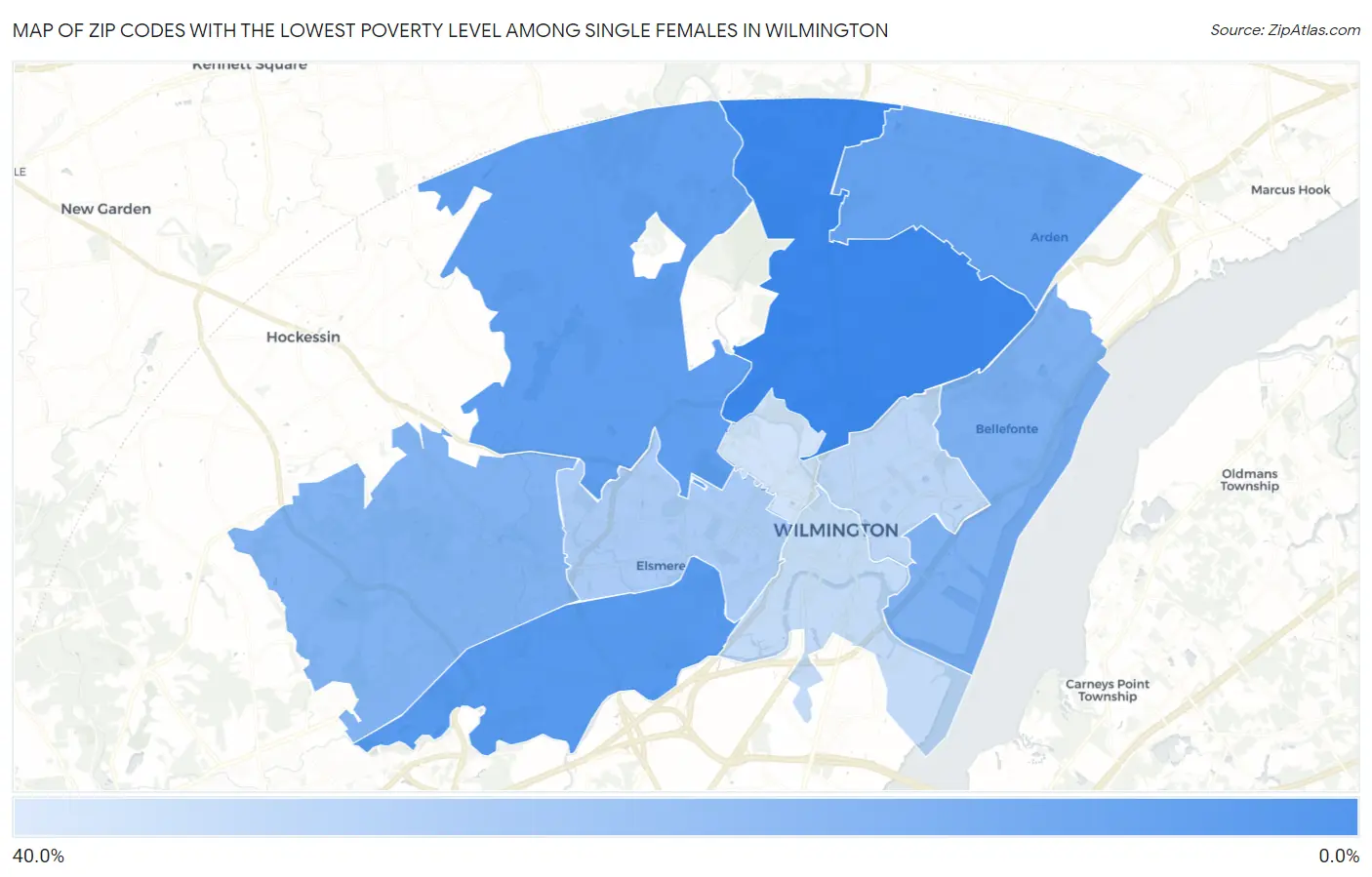Zip Codes with the Lowest Poverty Level Among Single Females in Wilmington Map