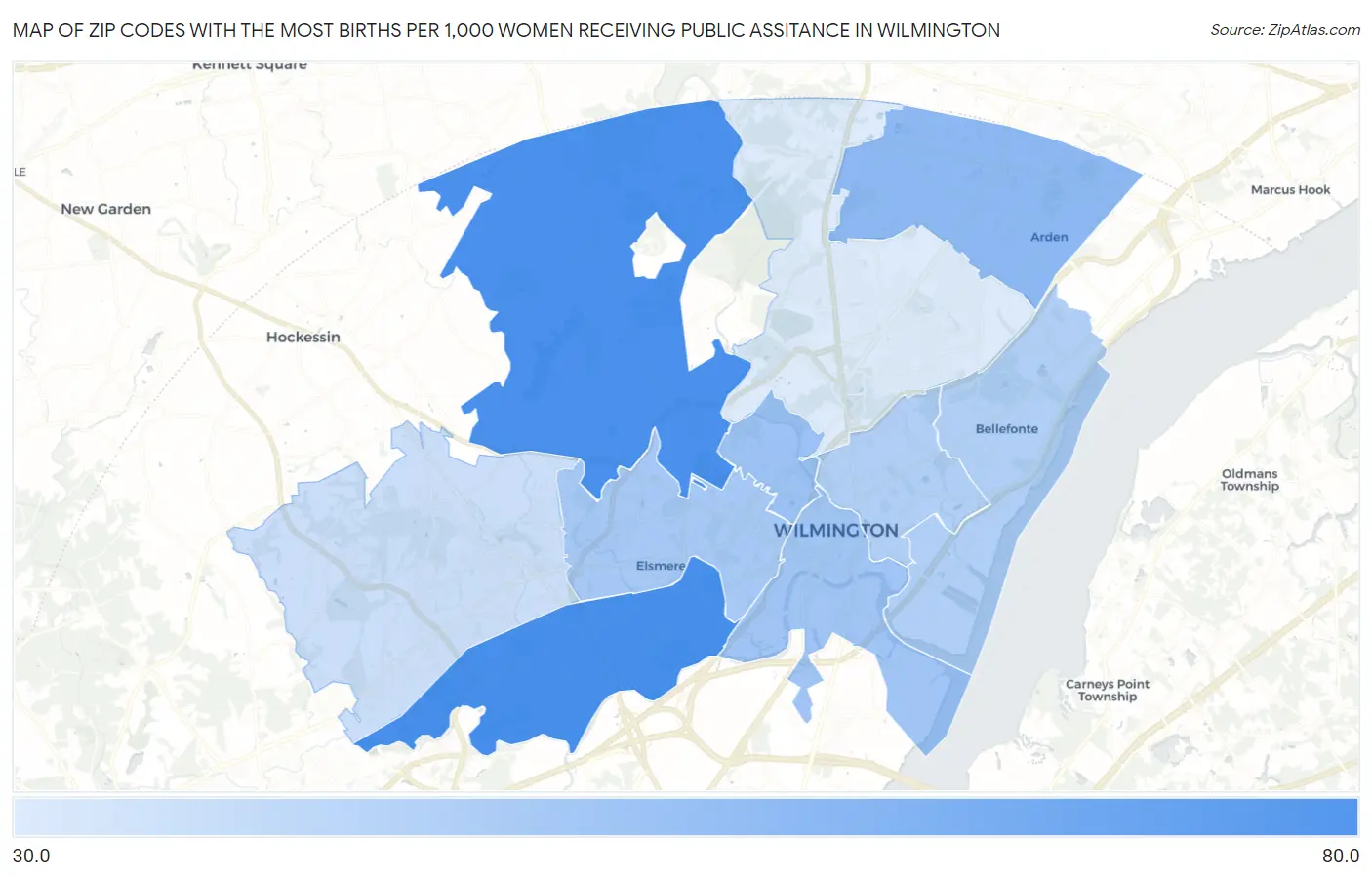 Zip Codes with the Most Births per 1,000 Women Receiving Public Assitance in Wilmington Map