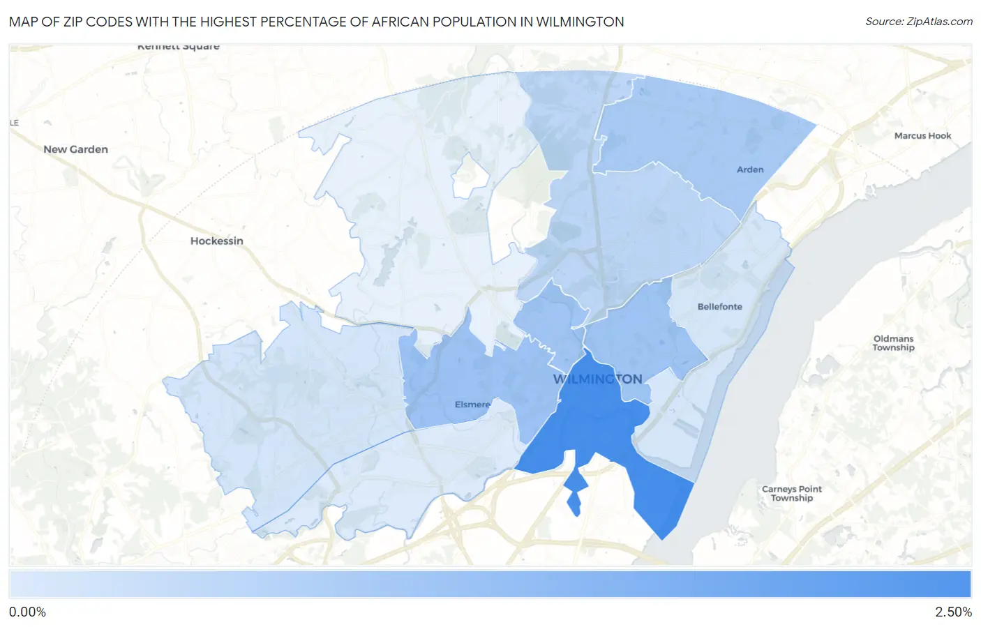Zip Codes with the Highest Percentage of African Population in Wilmington Map