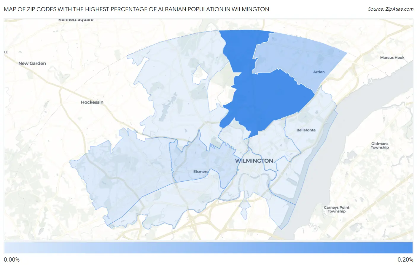 Zip Codes with the Highest Percentage of Albanian Population in Wilmington Map
