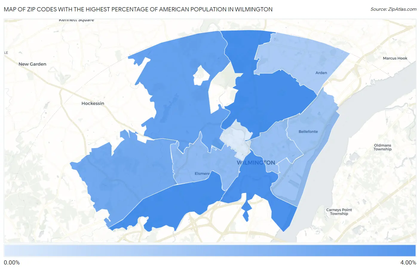 Zip Codes with the Highest Percentage of American Population in Wilmington Map