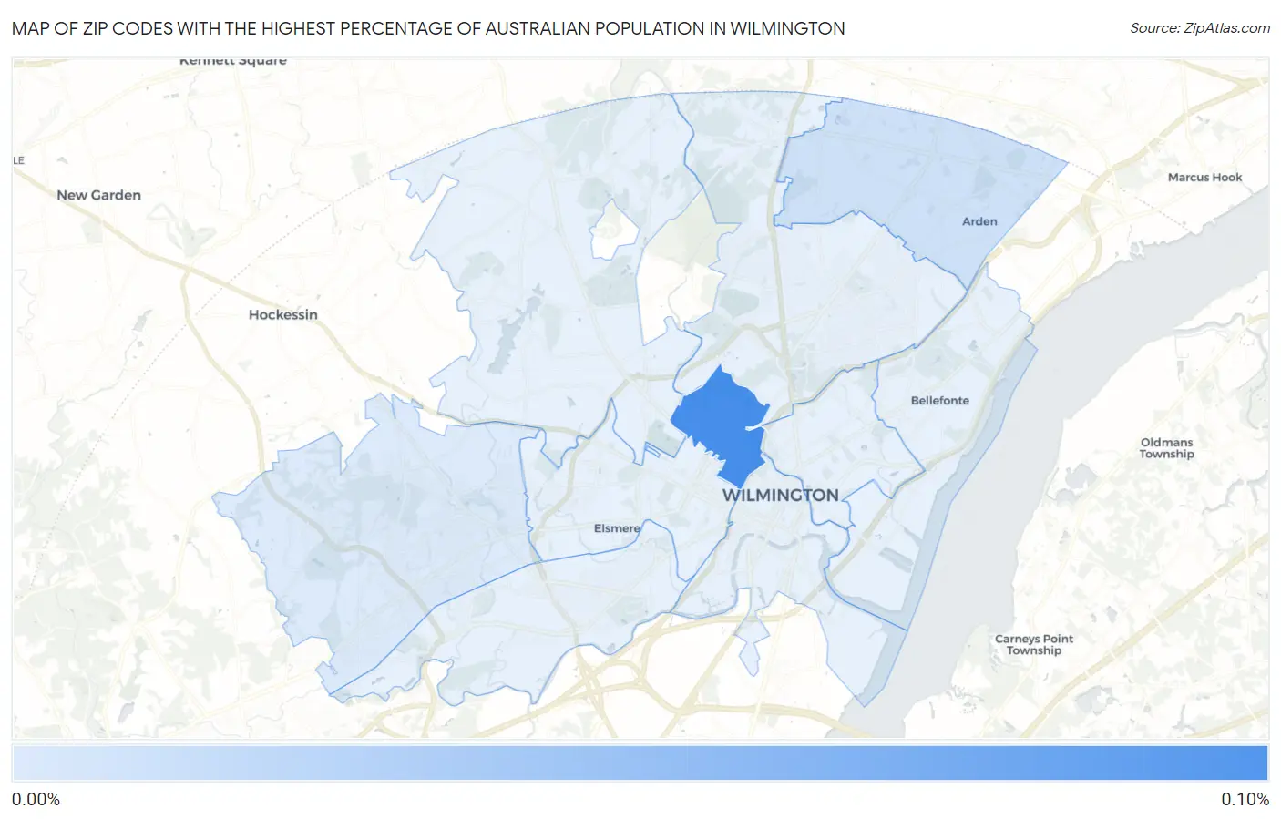 Zip Codes with the Highest Percentage of Australian Population in Wilmington Map