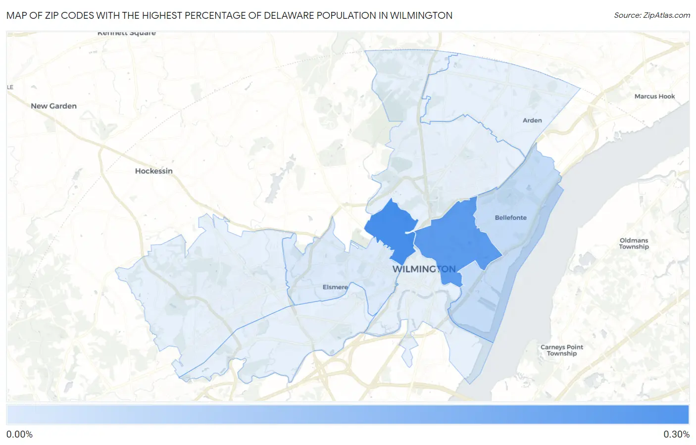Zip Codes with the Highest Percentage of Delaware Population in Wilmington Map
