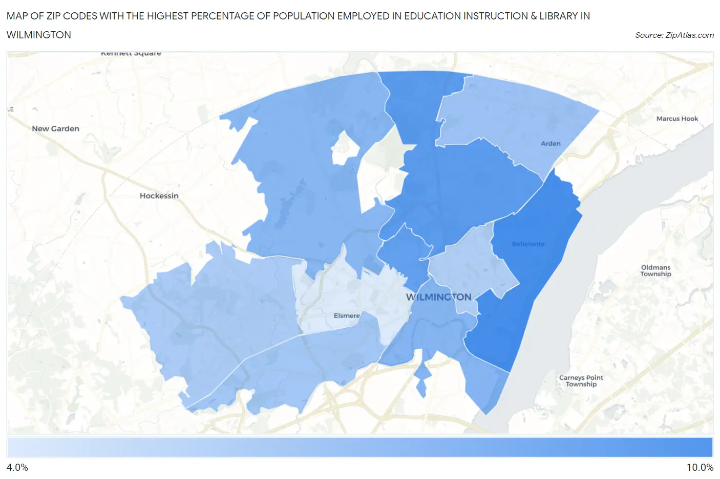 Zip Codes with the Highest Percentage of Population Employed in Education Instruction & Library in Wilmington Map