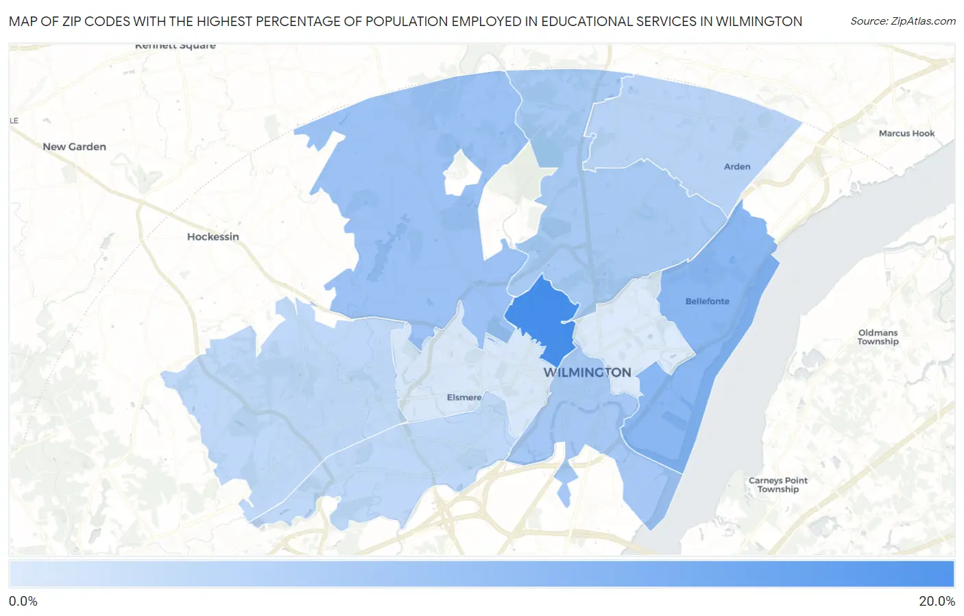 Zip Codes with the Highest Percentage of Population Employed in Educational Services in Wilmington Map