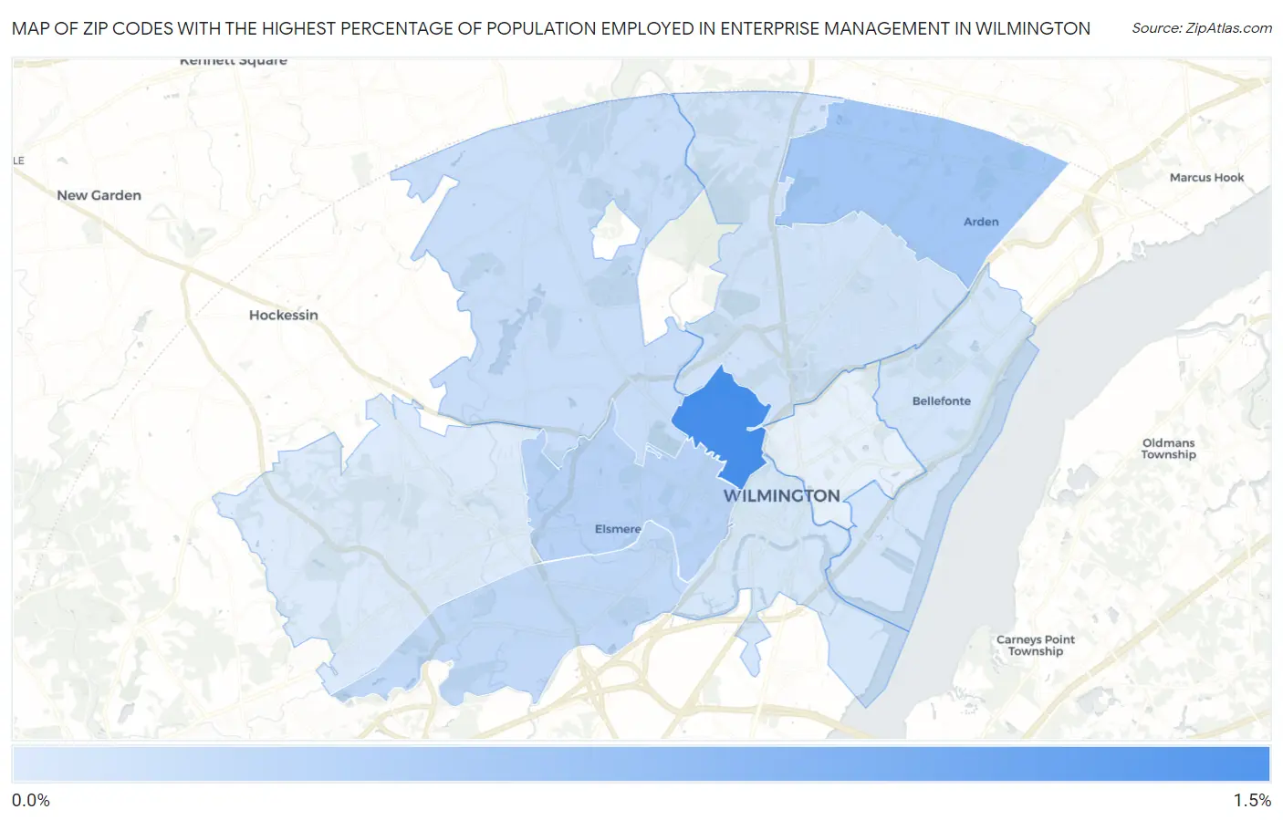 Zip Codes with the Highest Percentage of Population Employed in Enterprise Management in Wilmington Map