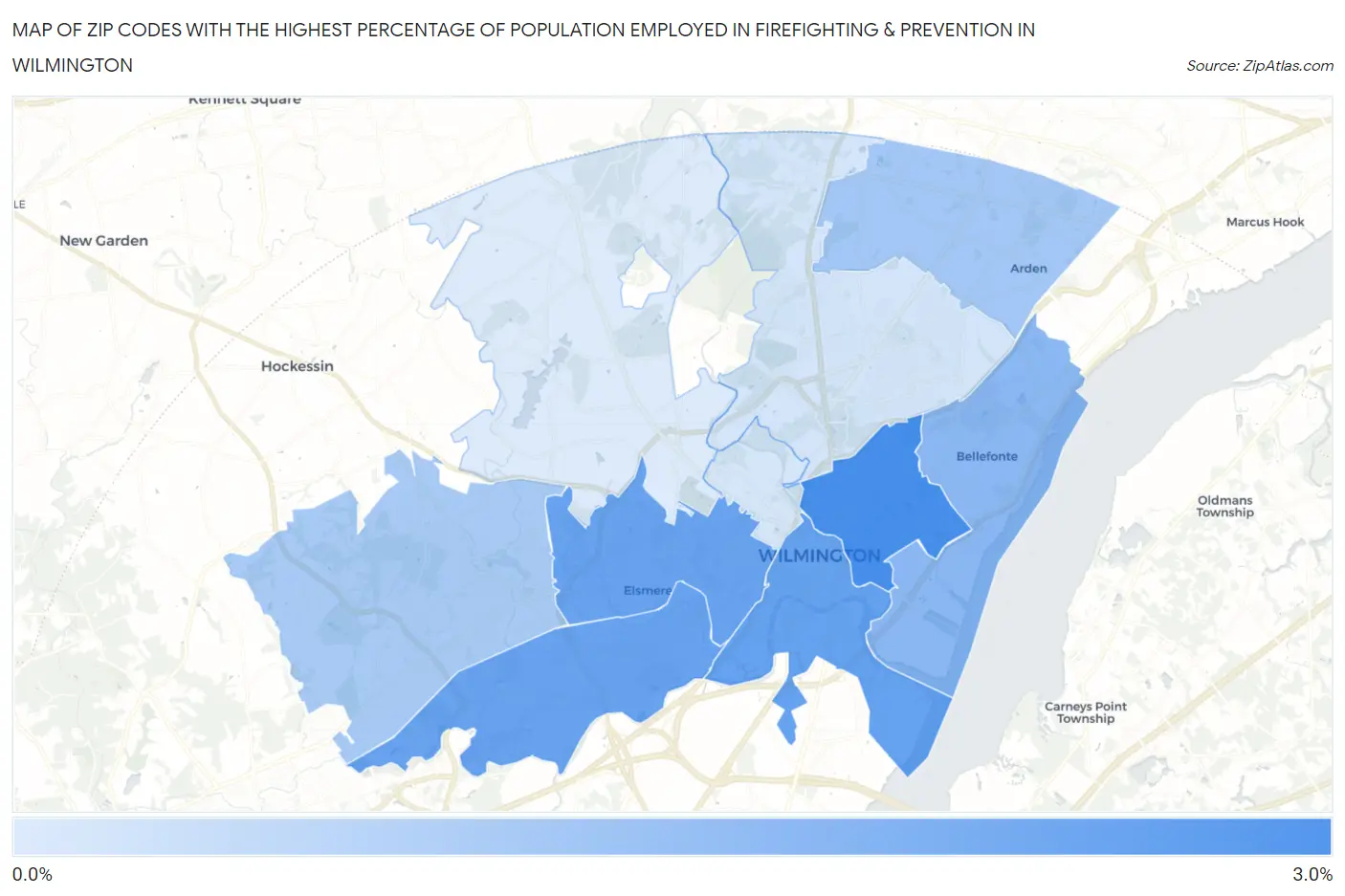 Zip Codes with the Highest Percentage of Population Employed in Firefighting & Prevention in Wilmington Map