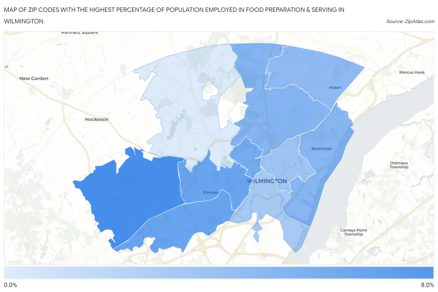 Zip Codes with the Highest Percentage of Population Employed in Food Preparation & Serving in Wilmington Map