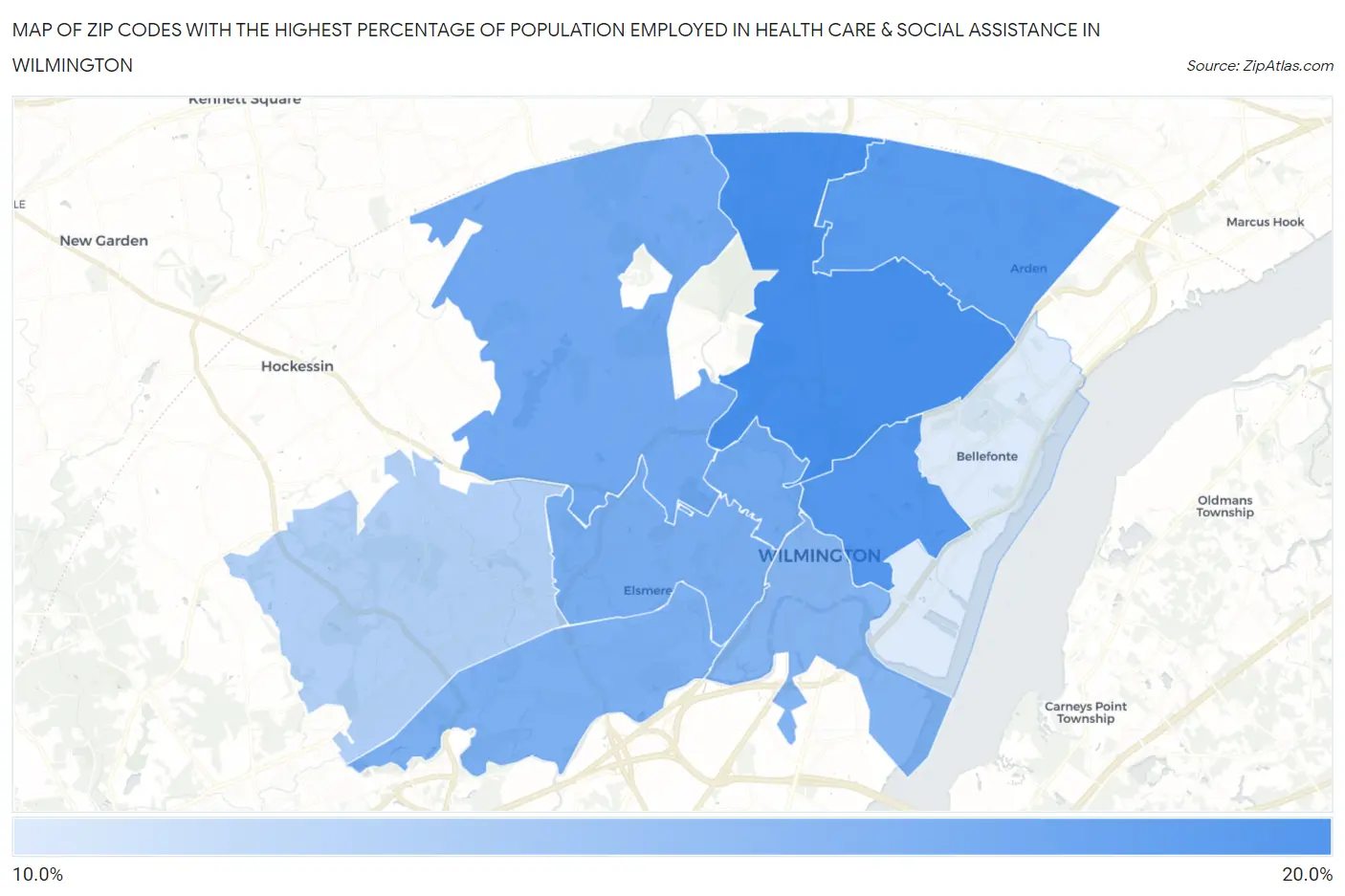 Zip Codes with the Highest Percentage of Population Employed in Health Care & Social Assistance in Wilmington Map