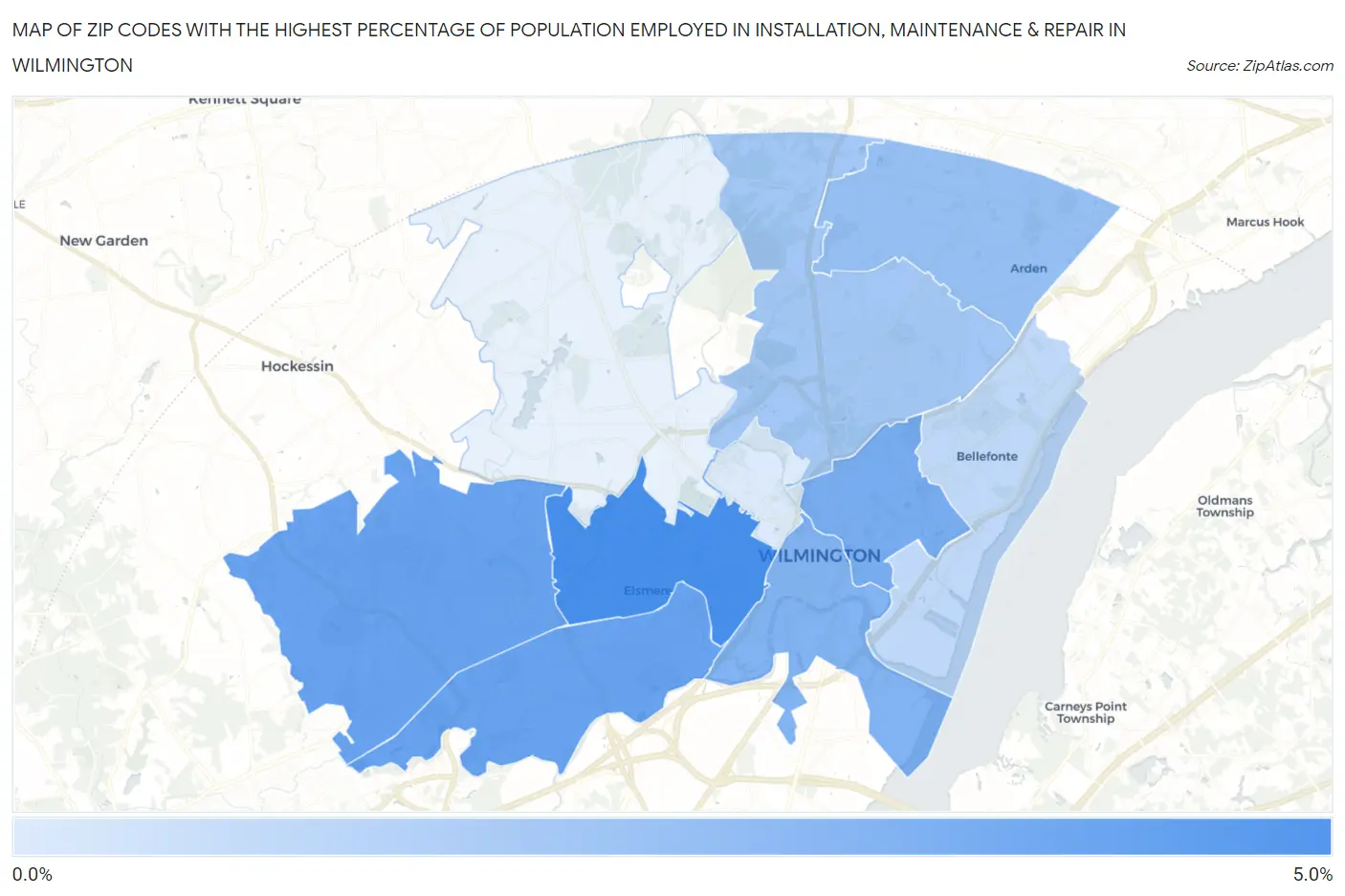 Zip Codes with the Highest Percentage of Population Employed in Installation, Maintenance & Repair in Wilmington Map