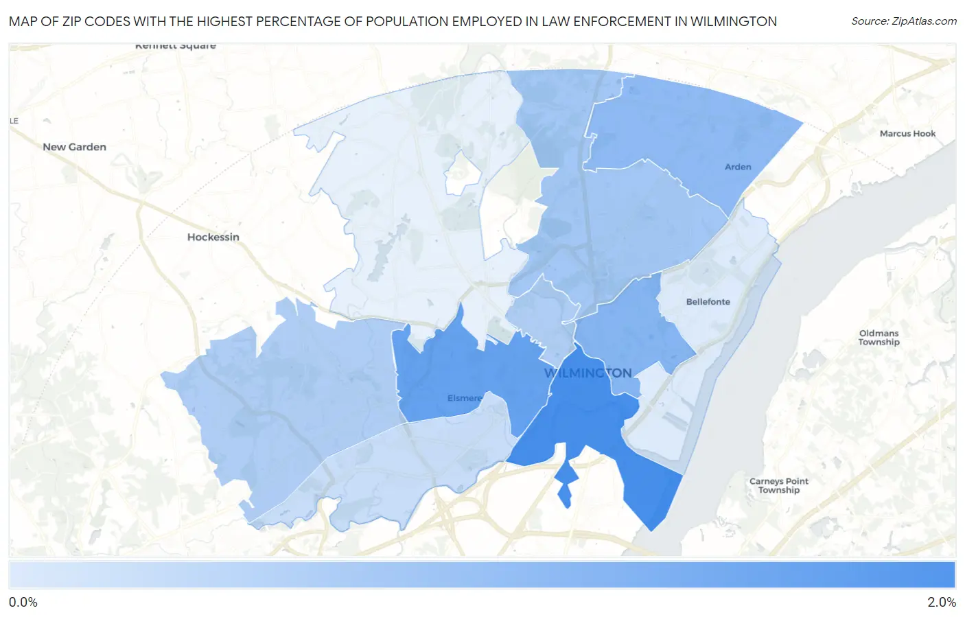 Zip Codes with the Highest Percentage of Population Employed in Law Enforcement in Wilmington Map