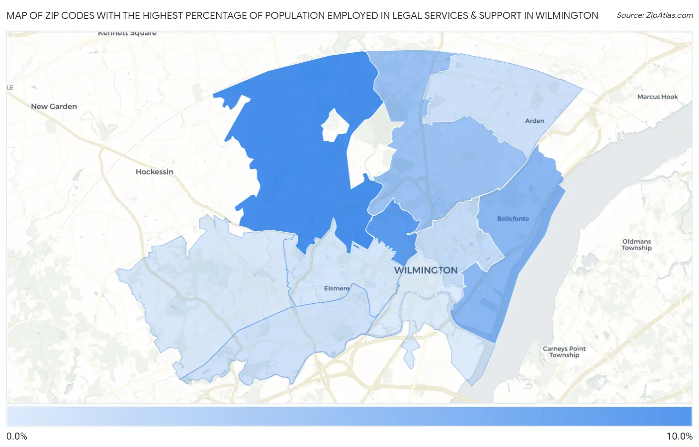 Zip Codes with the Highest Percentage of Population Employed in Legal Services & Support in Wilmington Map