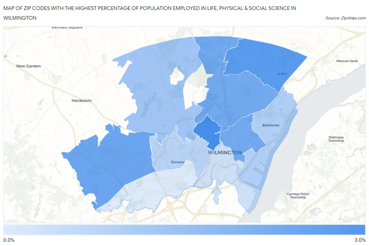 Zip Codes with the Highest Percentage of Population Employed in Life, Physical & Social Science in Wilmington Map