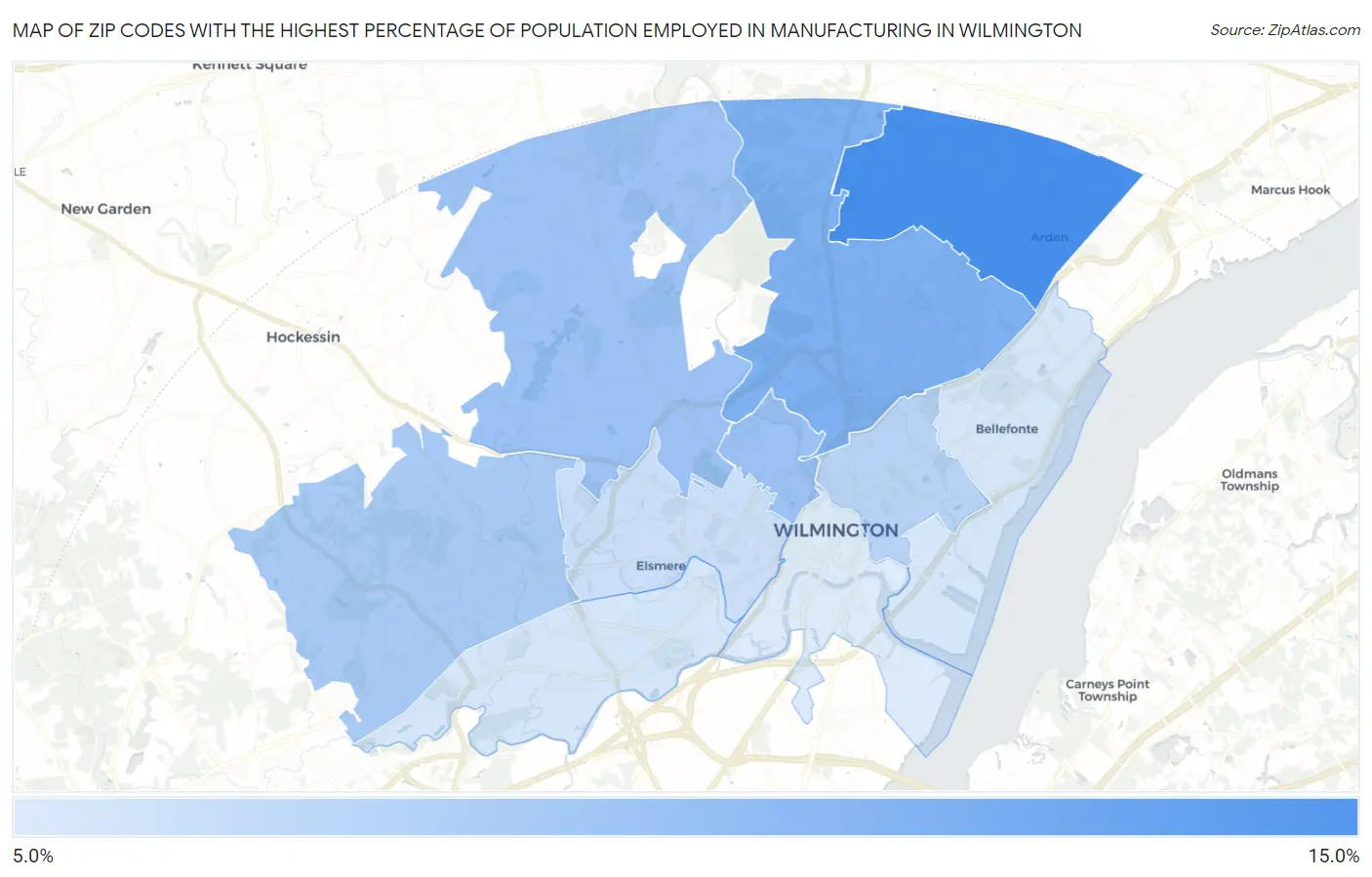 Zip Codes with the Highest Percentage of Population Employed in Manufacturing in Wilmington Map