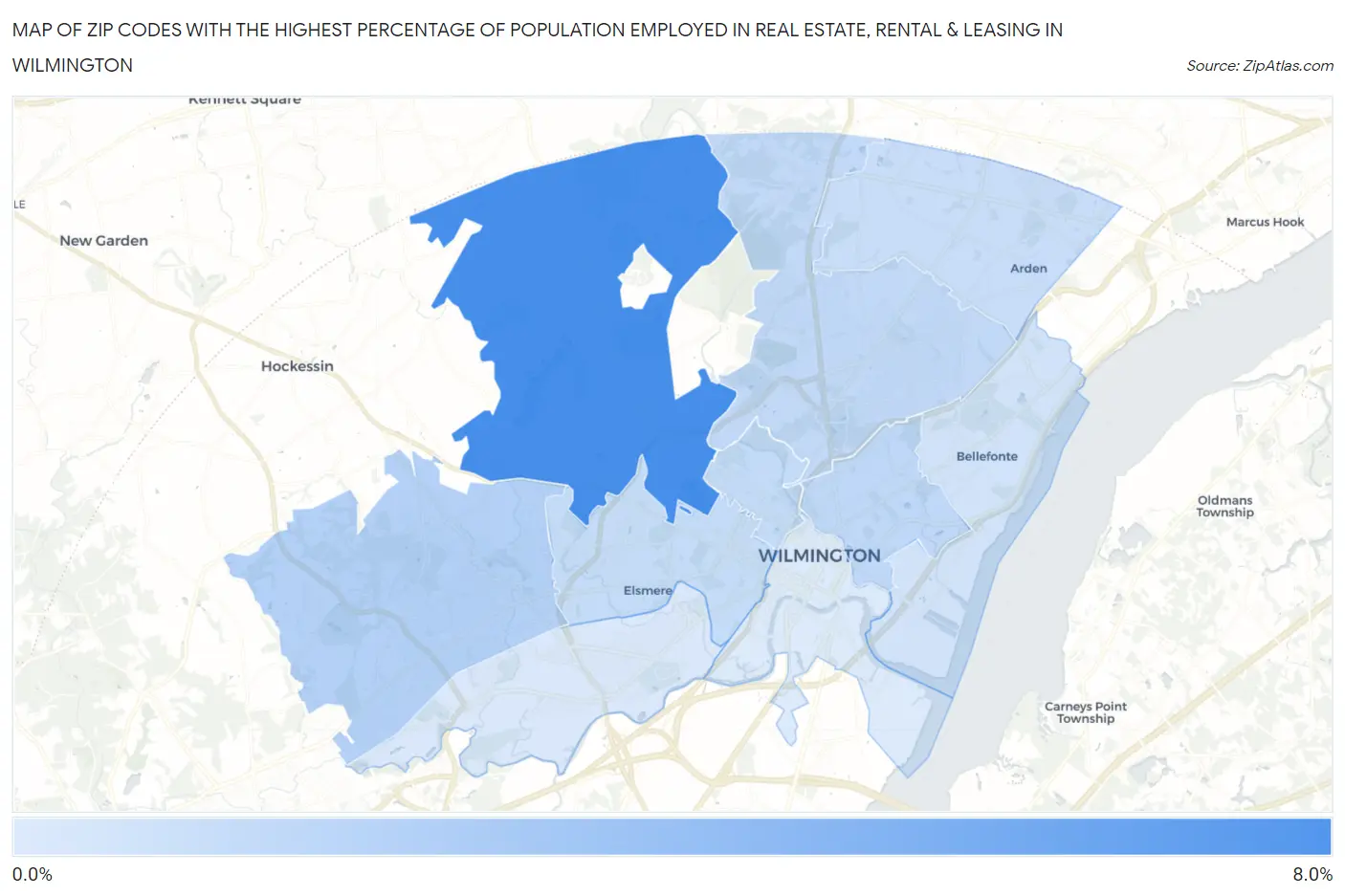 Zip Codes with the Highest Percentage of Population Employed in Real Estate, Rental & Leasing in Wilmington Map