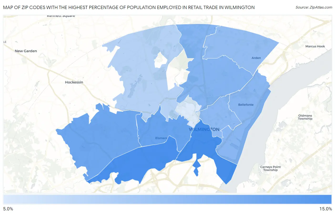 Zip Codes with the Highest Percentage of Population Employed in Retail Trade in Wilmington Map