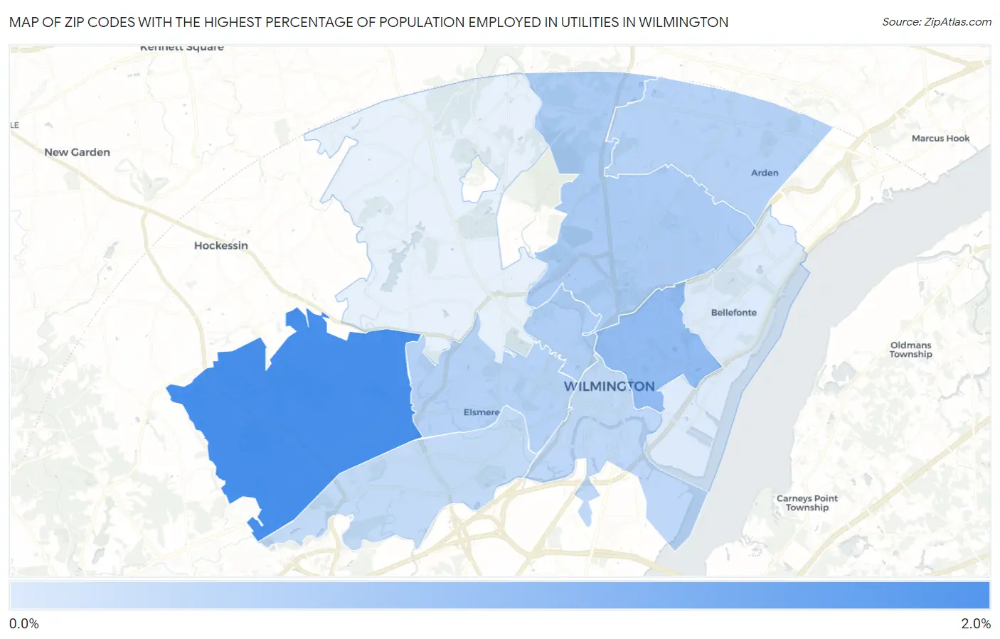 Zip Codes with the Highest Percentage of Population Employed in Utilities in Wilmington Map