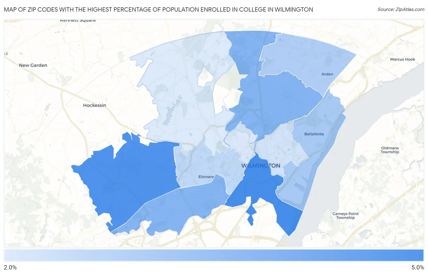 Zip Codes with the Highest Percentage of Population Enrolled in College in Wilmington Map