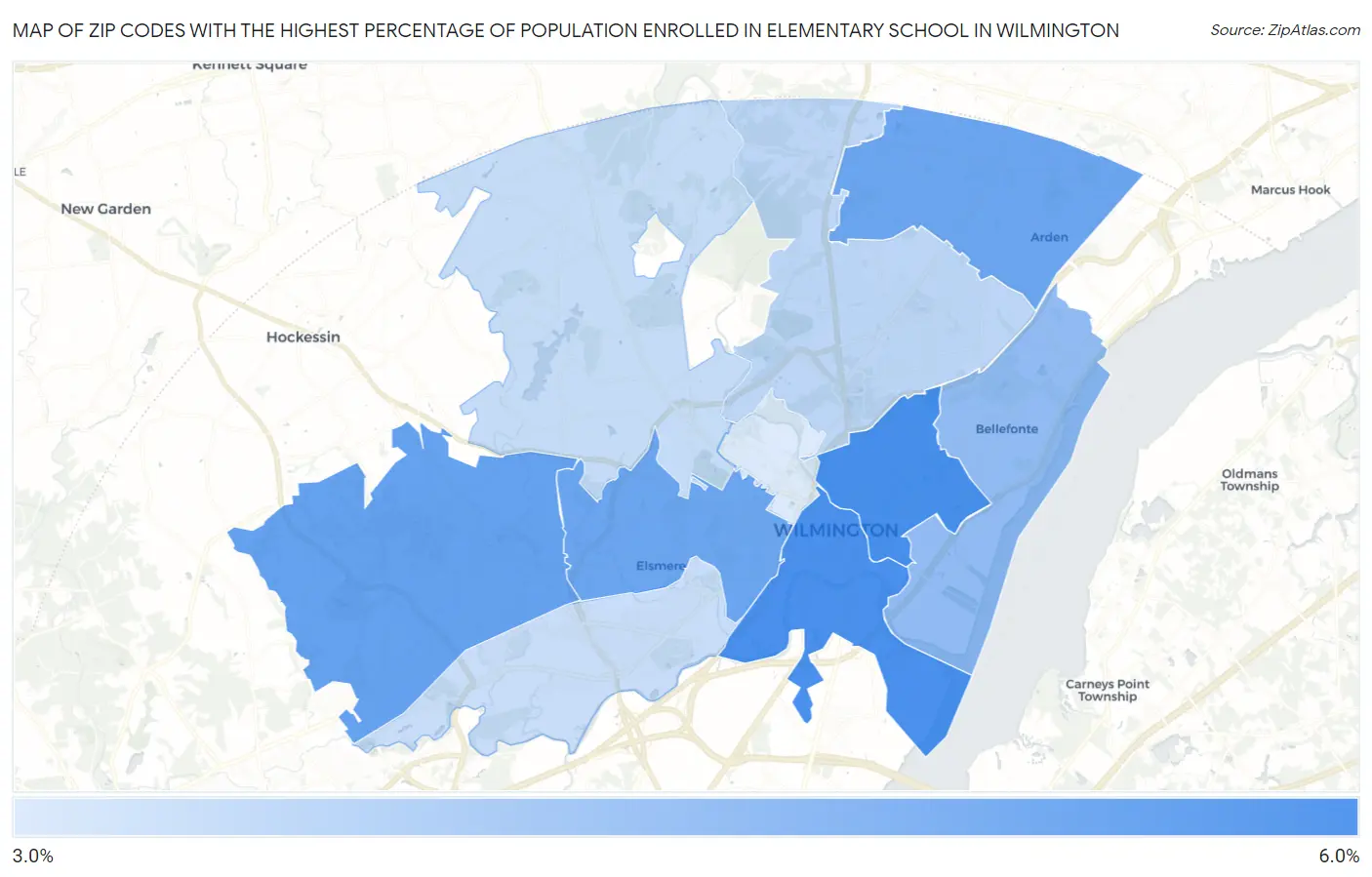 Zip Codes with the Highest Percentage of Population Enrolled in Elementary School in Wilmington Map