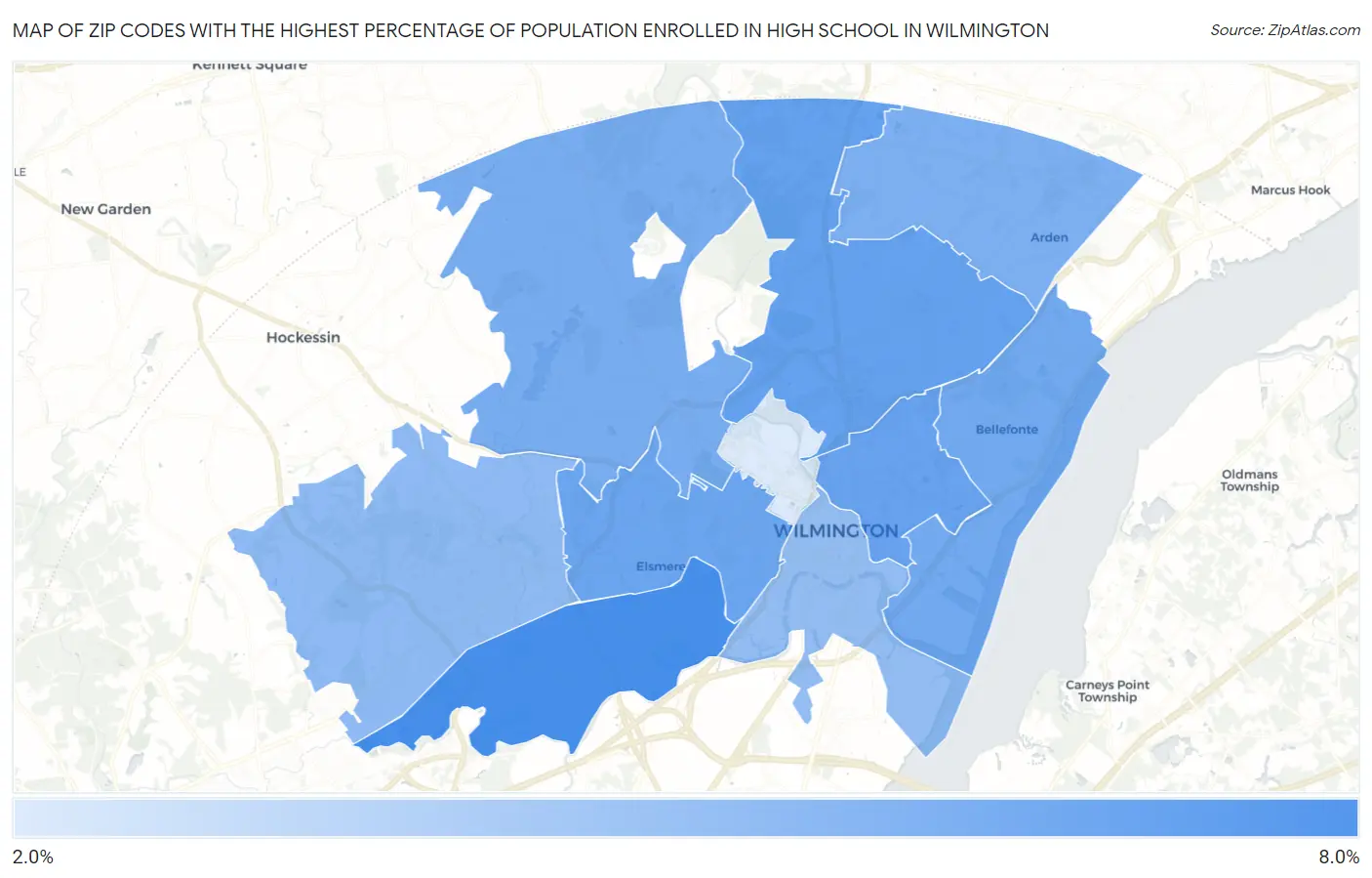 Zip Codes with the Highest Percentage of Population Enrolled in High School in Wilmington Map