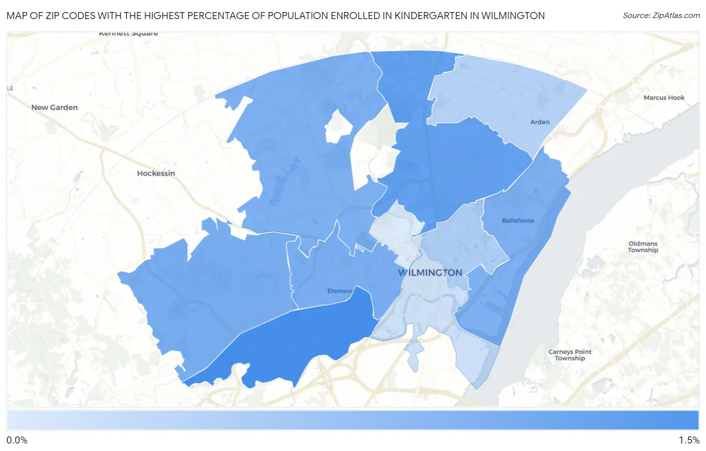 Zip Codes with the Highest Percentage of Population Enrolled in Kindergarten in Wilmington Map