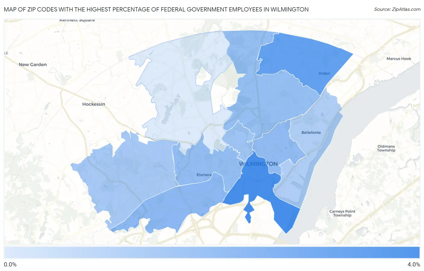 Zip Codes with the Highest Percentage of Federal Government Employees in Wilmington Map