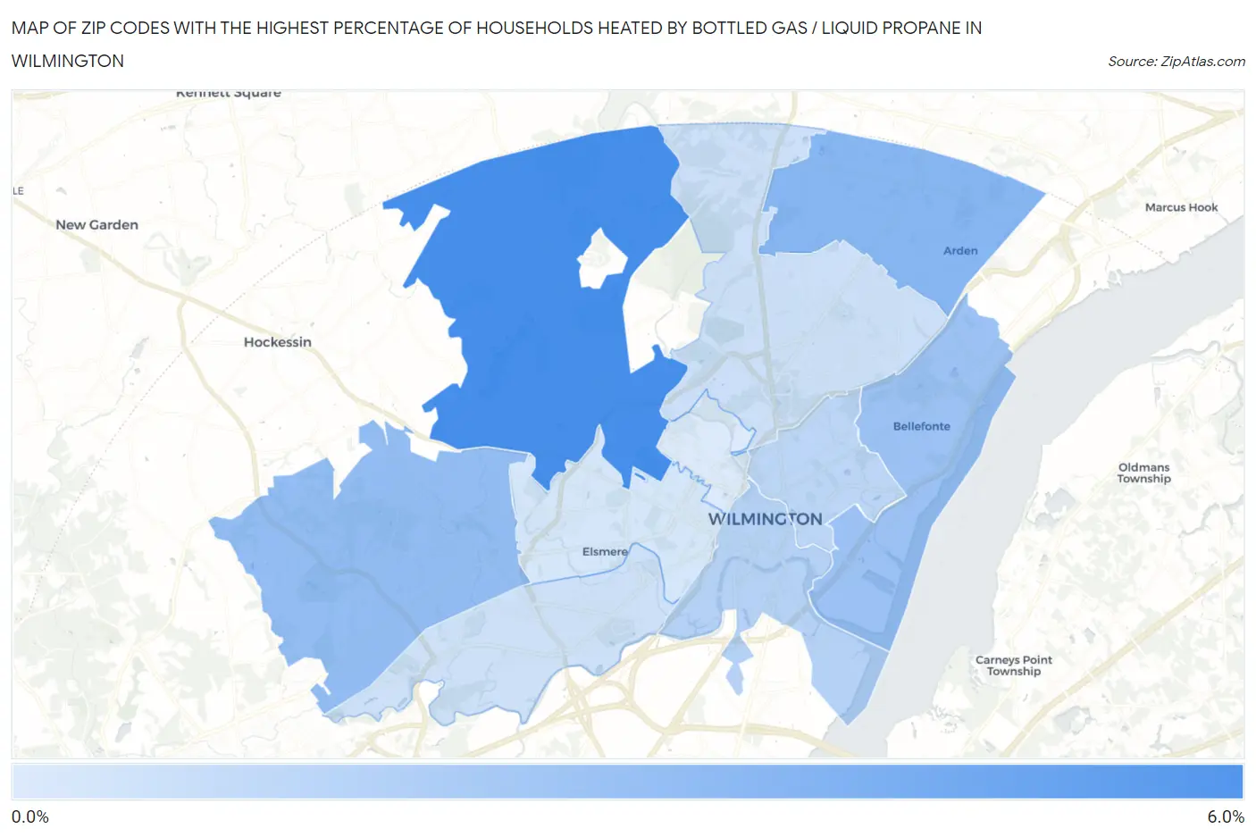 Zip Codes with the Highest Percentage of Households Heated by Bottled Gas / Liquid Propane in Wilmington Map