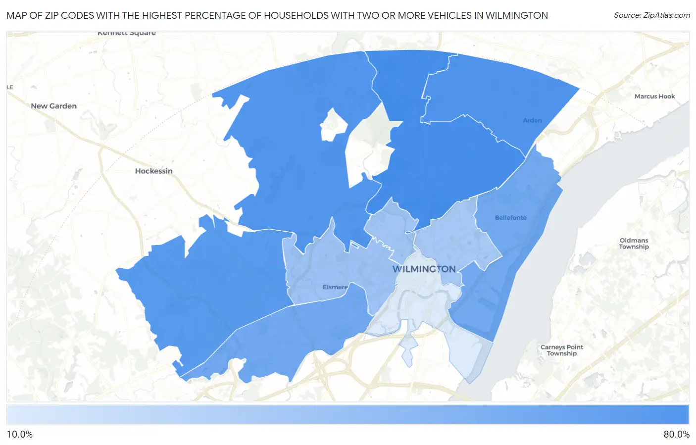 Zip Codes with the Highest Percentage of Households With Two or more Vehicles in Wilmington Map