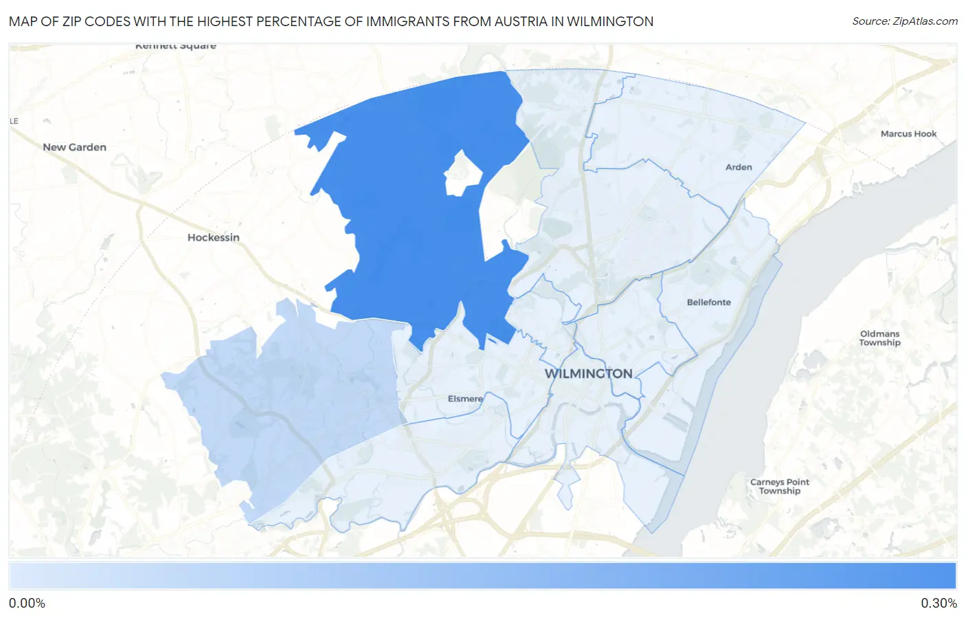 Zip Codes with the Highest Percentage of Immigrants from Austria in Wilmington Map