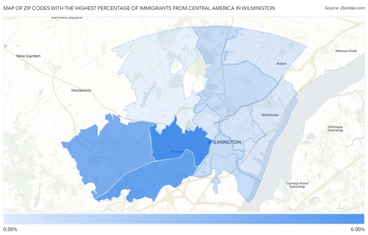 Zip Codes with the Highest Percentage of Immigrants from Central America in Wilmington Map