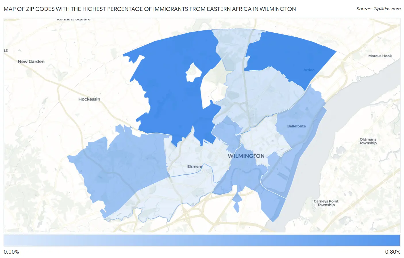 Zip Codes with the Highest Percentage of Immigrants from Eastern Africa in Wilmington Map