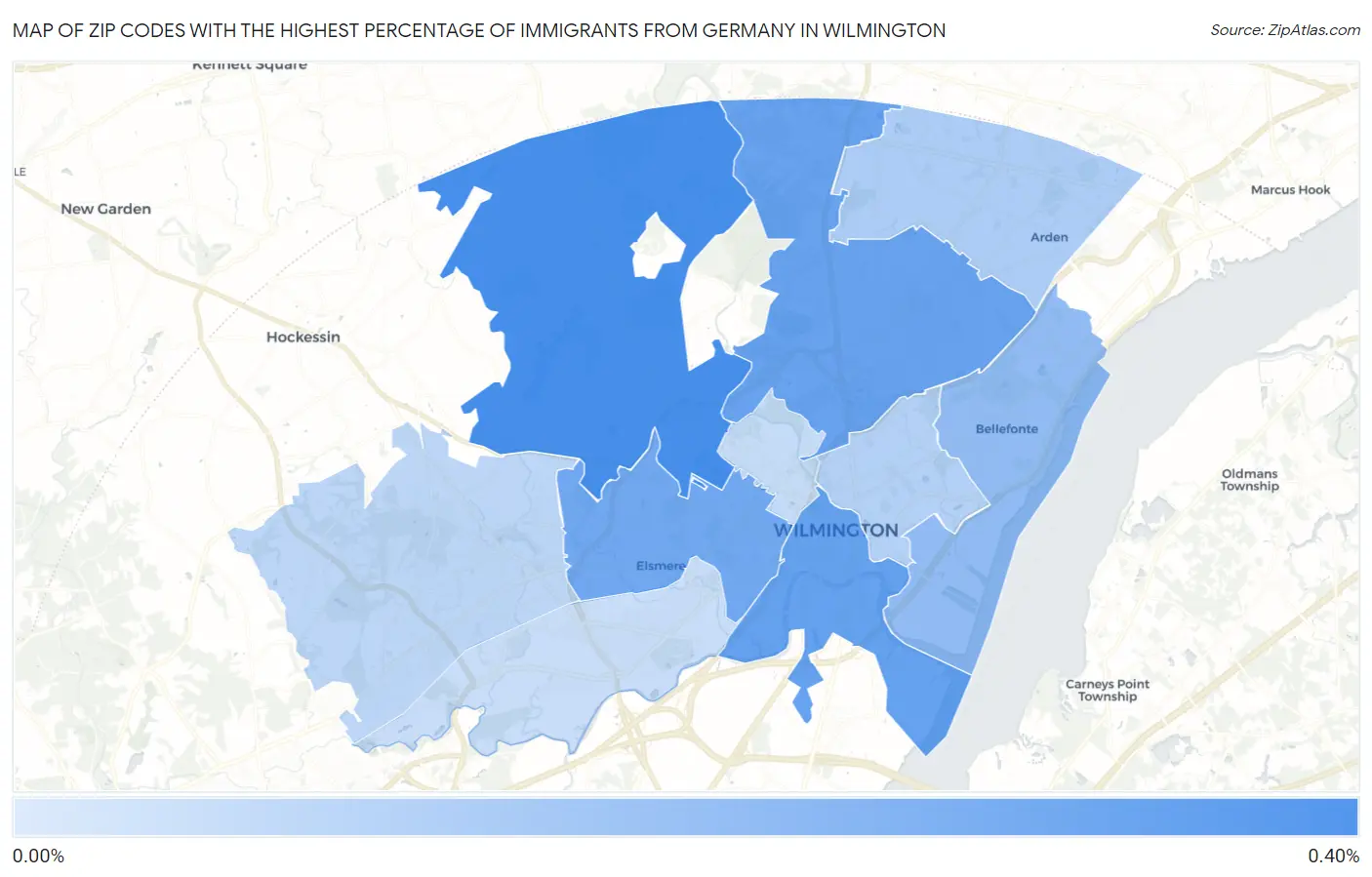 Zip Codes with the Highest Percentage of Immigrants from Germany in Wilmington Map