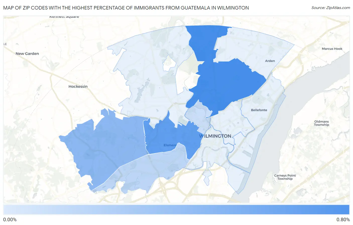 Zip Codes with the Highest Percentage of Immigrants from Guatemala in Wilmington Map