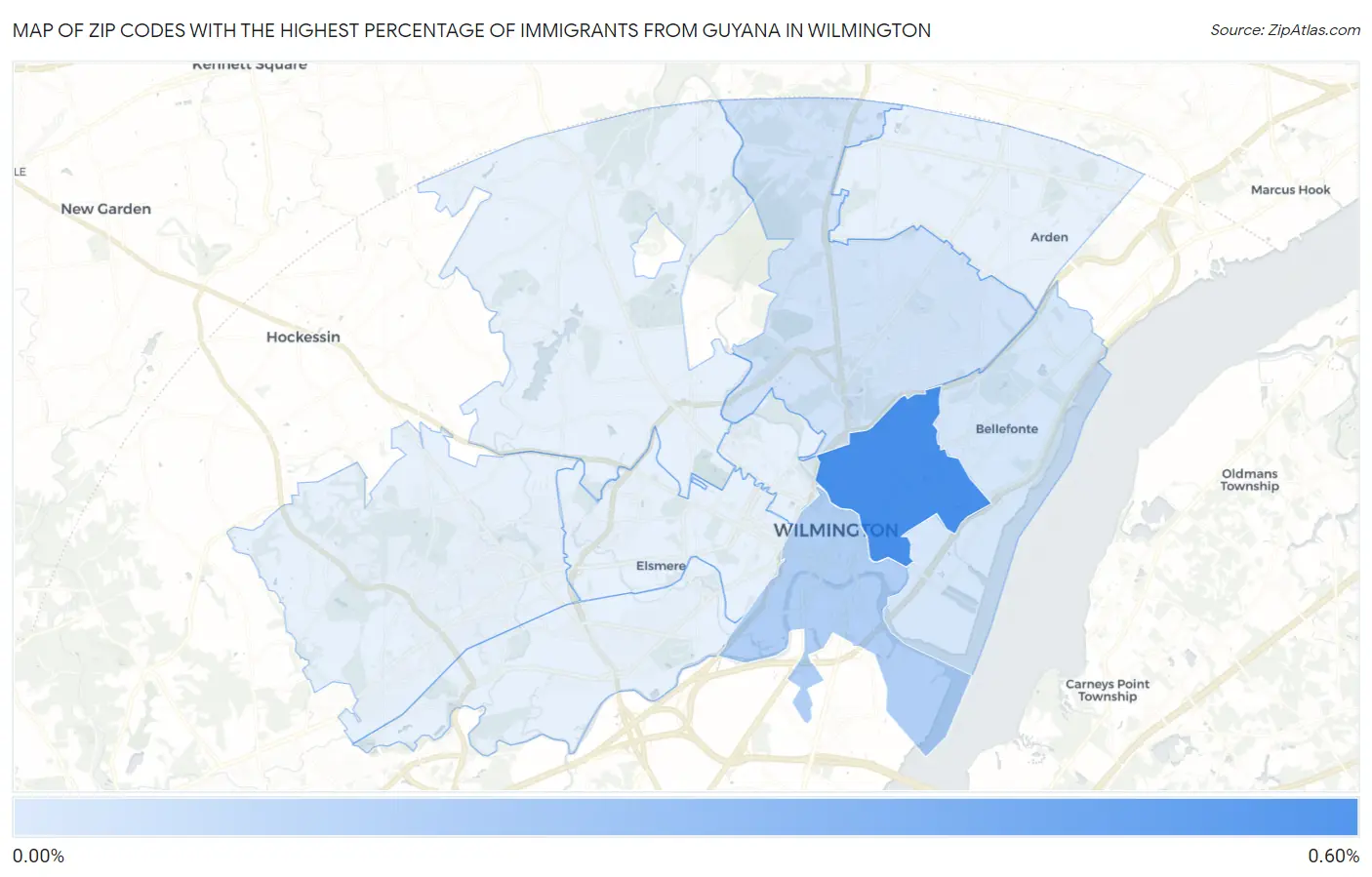 Zip Codes with the Highest Percentage of Immigrants from Guyana in Wilmington Map