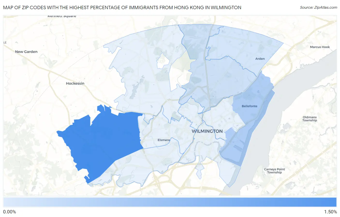 Zip Codes with the Highest Percentage of Immigrants from Hong Kong in Wilmington Map