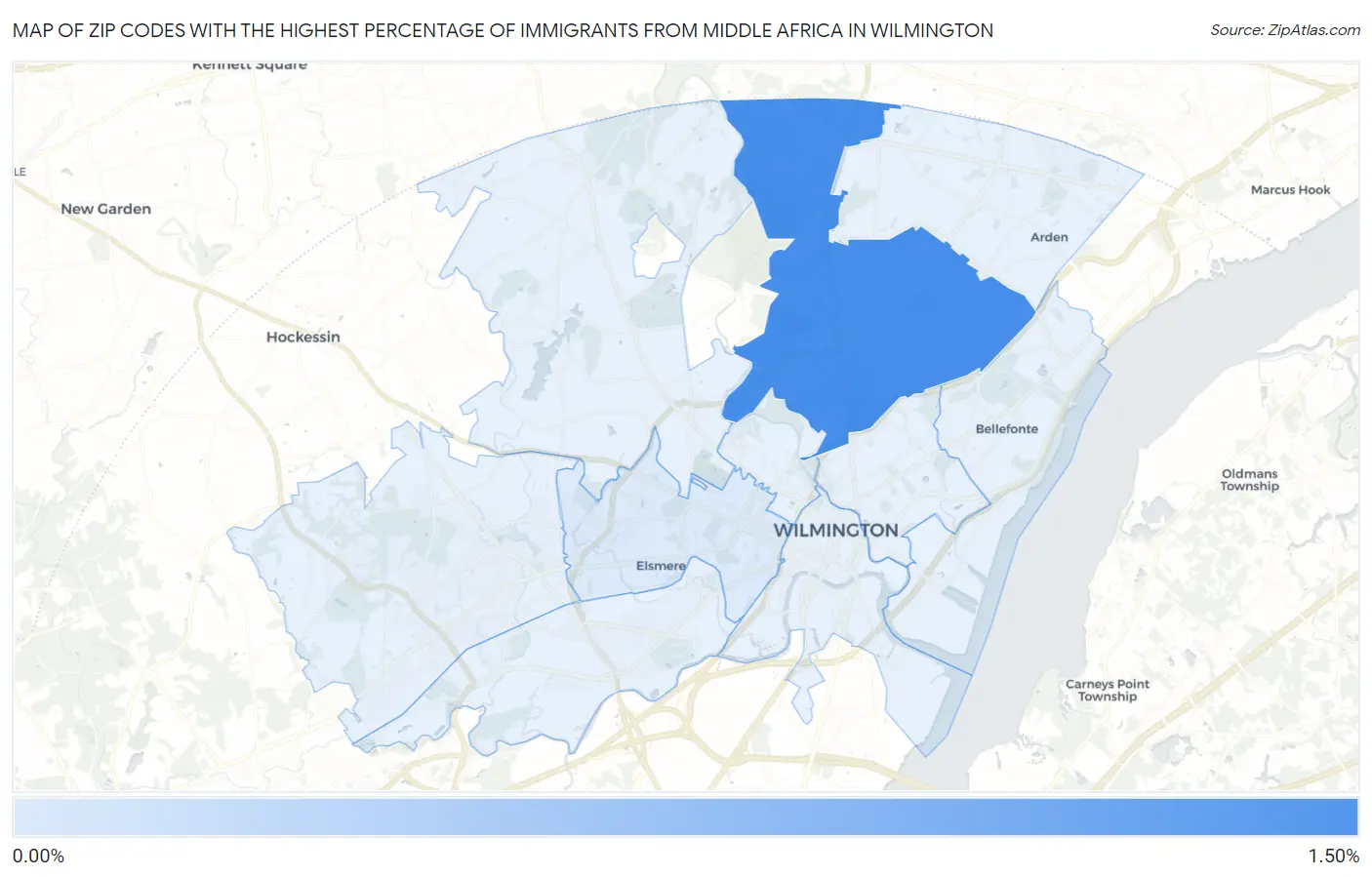 Zip Codes with the Highest Percentage of Immigrants from Middle Africa in Wilmington Map