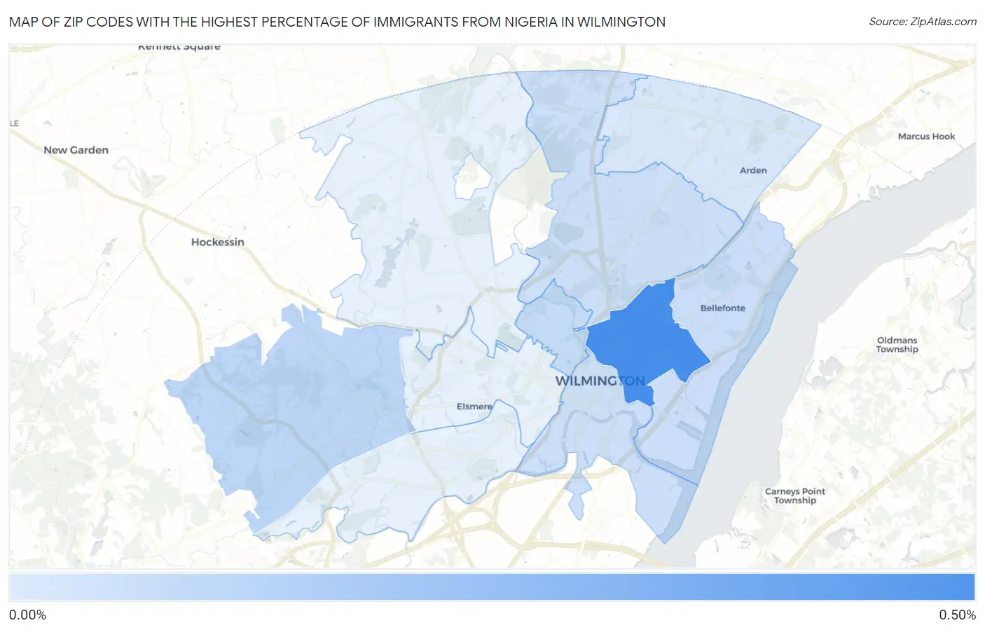 Zip Codes with the Highest Percentage of Immigrants from Nigeria in Wilmington Map