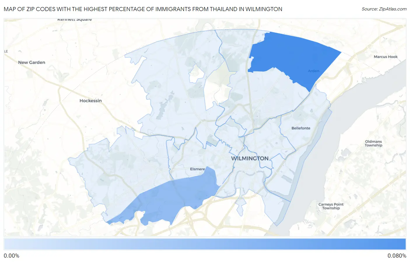 Zip Codes with the Highest Percentage of Immigrants from Thailand in Wilmington Map