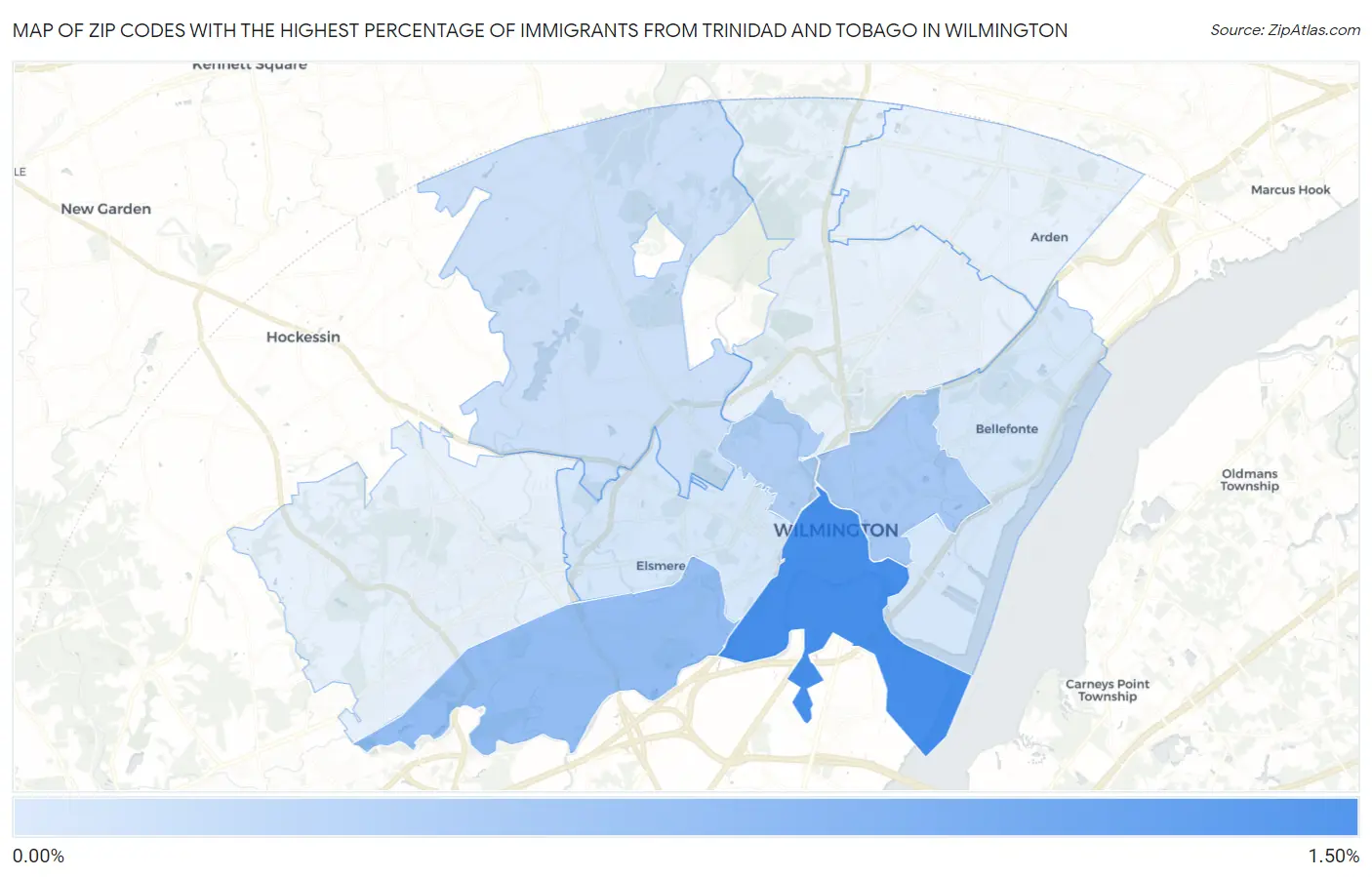 Zip Codes with the Highest Percentage of Immigrants from Trinidad and Tobago in Wilmington Map